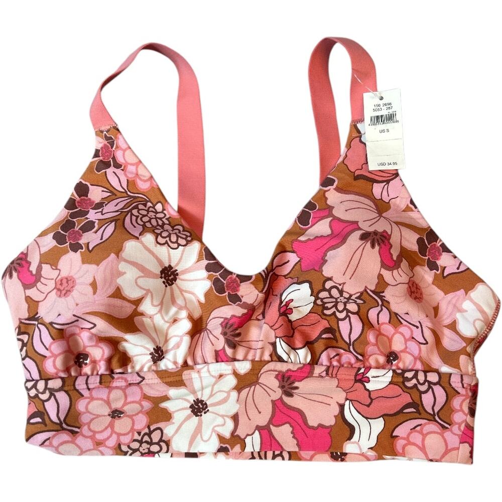 Aerie Real Me Low Back  Pink Tan Floral Sports Bra NEW With Tags